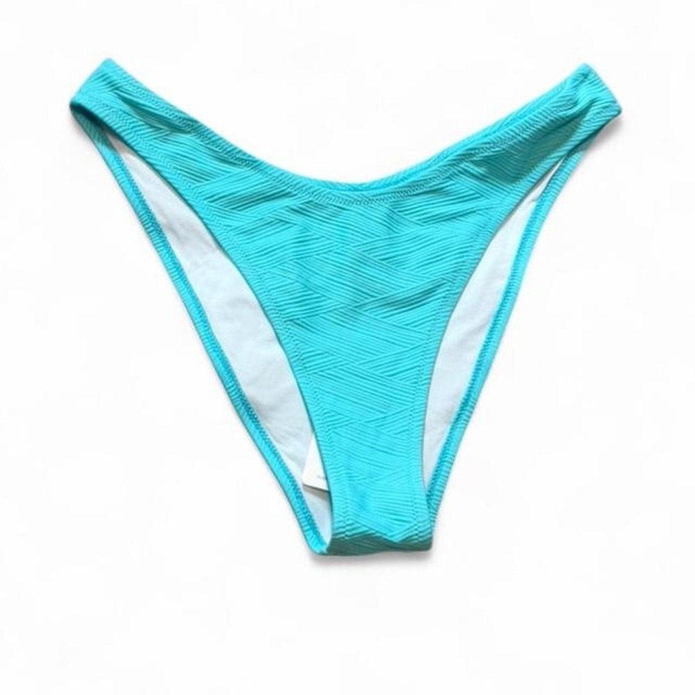 CUPSHE Aqua Blue Textured Ribbed High Cut Bikini‎ Bottoms, Women's Size M